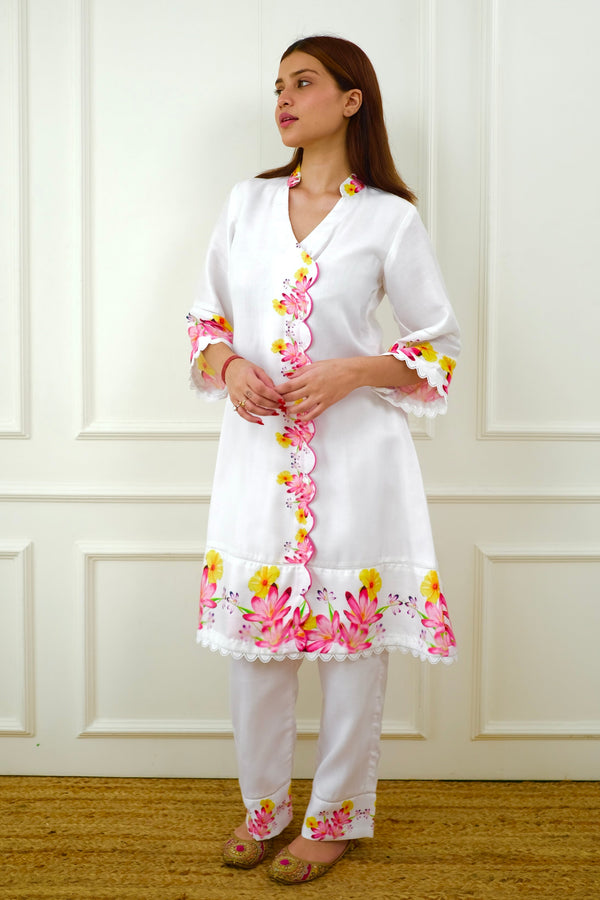 Mahira White Floral Pakistani Kurta Set